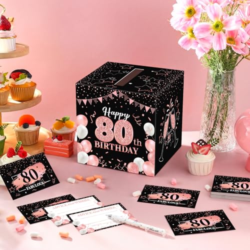Image of Funrous 80th Birthday Party Message Card Box Cheers to 80 Years Black Rose Gold Advice and Wishes Greeting Card Memory Box for Women Birthday Decorations Party Supplies Anniversary Tables Sign Decor