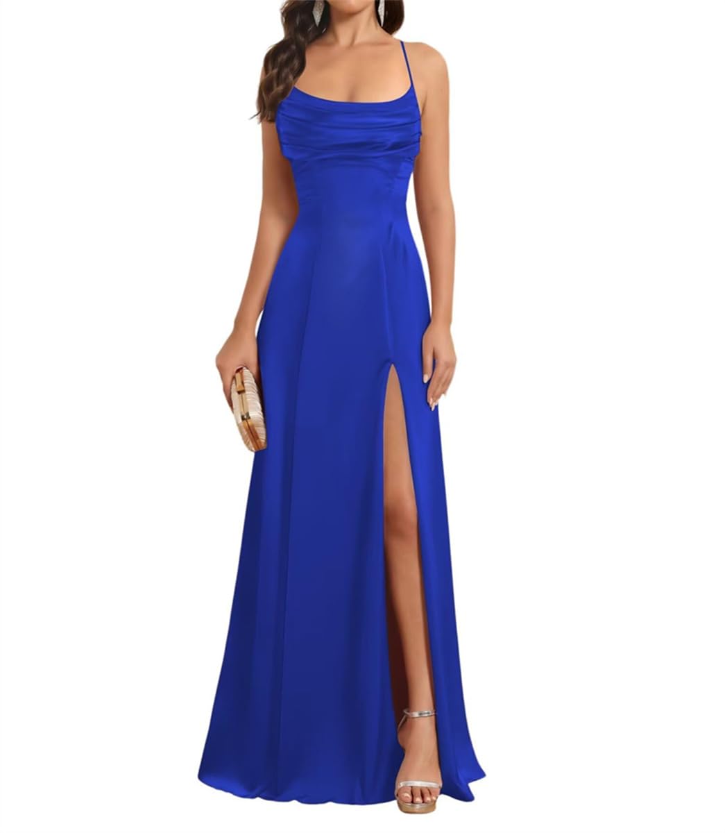 Wseyu Women's Royal Blue Spaghetti Straps Satin Bridesmaid Dresses Long For Formal Pleated Aline Corset Prom Dress With Slit Uk12