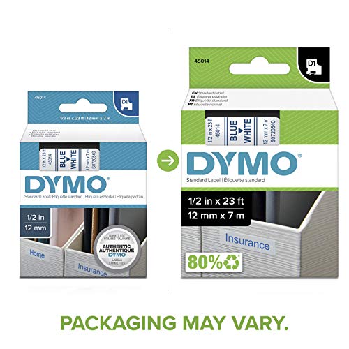 Dymo Standard D1 45014 Labeling Tape (Blue Print On White Tape, 1/2'' W X 23' L, 1 Cartridge), Dymo Authentic #TOP1