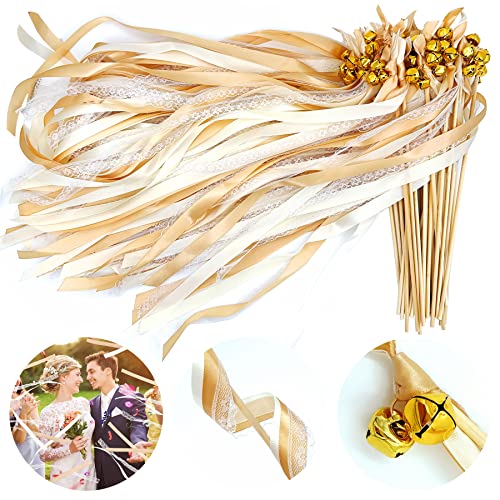 50 Pièces Baguettes de Mariage fée Bâton,Bâtons de Ruban pour Mariage,Baguettes Ruban Banderoles avec Cloches,Baguettees Mariage Ruban,Baguettes de Mariage avec...