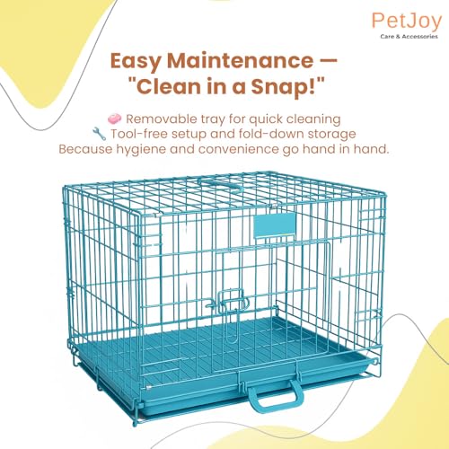 Image of PETJOY Foldable Metal Dog Cage | 24 Inch Dog Crate Kennel for Puppies, Medium Dogs, Cats & Rabbits | Double Door with Secure Lock, Removable Leak-Proof Tray | Portable & Easy to Clean Pet Cage (Blue)