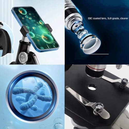 Image of Microscope-200-4000X with Biological Specimen and Fill Light,Metal Material | Biological Educational Microscope for Students and Adults,with Phone Clip