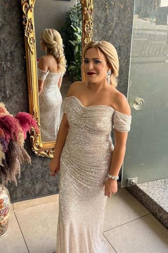 Sparkly Sequin Prom Dresses Long with Slit Off The Shoulder Bridesmaid Dress Pleated Evening Formal Gowns3