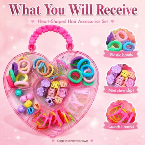 Image of Hair Accessories for Kids Girls | Heart Shaped Storage Box with Rubber Bands, Hair Ties, Mini Claws, Beads & Flower Clips | Baby Girl Hair Accessories Set | Cute Clips for Kids | Mixed Designs | GogoPogo