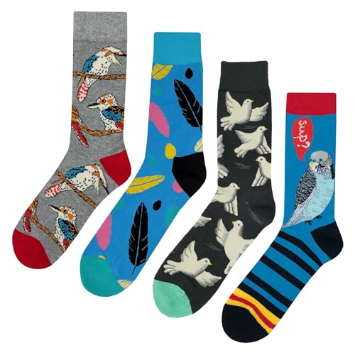 Bird Dress Socks 4 Pack Funny Novelty Crazy Fun Design Men Size 8-12 Cotton Casual Crew Colorful Funky Fancy Socks Gift for Men