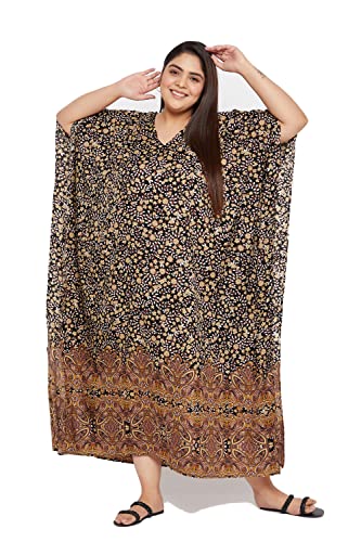 Image of Women Long Maxi Plus Size Polyester Kaftan Gown, Womens Kaftan Dresses | Lounge Resort Wear, Batwing Sleeve Side Slit, Beach Cover Up, House Dress, Lightweight V Neck Loose Fit Boho Dress