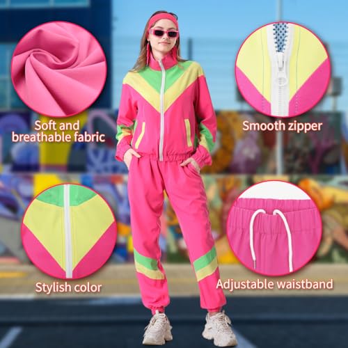 80s Tracksuit for Women Retro Windbreaker Outfit 90s Color Block Sportswear Set with Jacket Sweatpants4