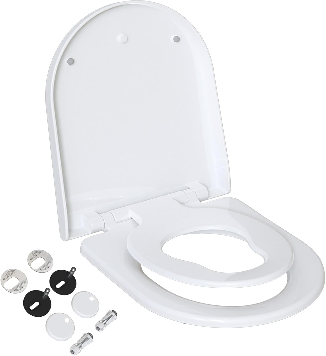 Abattant WC Familial Forme en D, Lunette de Toilette avec Siège Enfant Magnétique, Frein de Chute et Charnière Réglable, Siège de Toilette pour Adultes et Enfants, Démontage Rapide - Blanc
