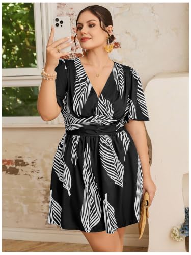 Image of Floerns Women's Plus Size Printed V Neck Short Sleeve Ruffle Hem Summer Short Dresses