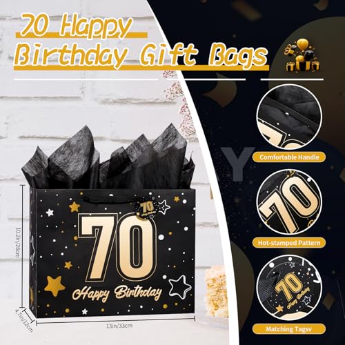 Image of Powbrace 13 inch Black 70th Birthday Gift Bag with Tissue Paper and Greeting Card for Party,Happy Birthday Gift Bag for Men Women,Gift Bags Medium size(1 Black 70th)