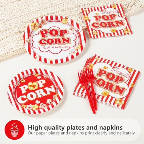 Image of Grencian 96Pcs Popcorn Party Supplies for Movie Night Serves 24 | Popcorn Plates and Napkins Red and White Sets Picnic Decorations for Festive Movie Night Birthday BBQ Summer Party Favors