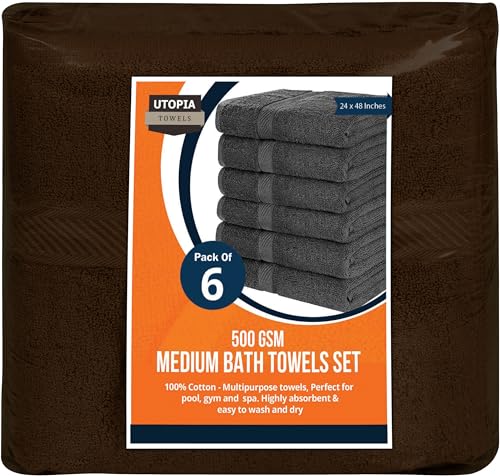Image of Utopia Towels 6 Pack Medium Bath Towel Set, 24 by 48 Inches, 500 GSM 100% Ring Spun Cotton, Lightweight and Highly Absorbent Quick Drying Premium Towels for Hotel, Spa and Bathroom, Dark Brown