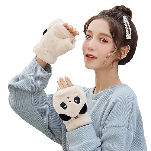 SJTJSPX Damen Fingerlose Handschuhe mit Flip-Top Warme Winterhandschuhe Cartoon Panda Halbfinger Handschuhe Outdoor Plüsch Fäustlinge für Fahrrad Ski Schule Arbeit