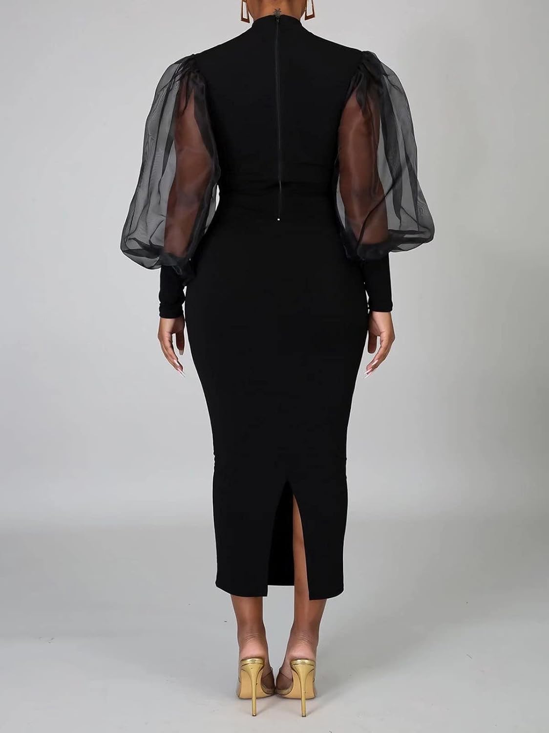 Ekaliy Women's See Through Bodycon Dress Sheer Mesh Long Puff Lantern Sleeve Dress Sexy Club Party Midi Dress Clubwear - Image 3