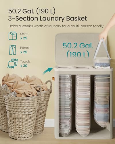 Image of SONGMICS Laundry Basket, 50.2 Gal. Laundry Hamper, 3 Compartments, Easy Assembly, with Lid and Handles, Removable Liners, 25.2 x 15.7 x 29.5 Inches, Cappuccino Beige ULCB814LH01