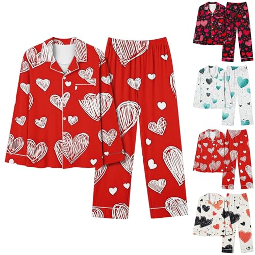 Generisch Traje de casa para mujer, largo, conjunto de pijama con estampado de corazones, solapa, traje de casa fino, ropa de dormir cómoda y pantalones de pijama, conjunto de dos siees, pijamas