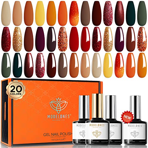 Modelones 24 Pcs Gel Nail Polish Kit- Soak Off Gel Polish Red Nude Glitter Nail Polish Brown Gold Gel Nail Kit with Primer Glossy&Matte Top Coat Base Coat Easter Nail Art Manicure Gift Set for Her