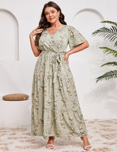 Image of ShopWonder Womens Plus Size V Neck Wrap Maxi Dress High Waist Ruffle Summer Casual Dress with Belt