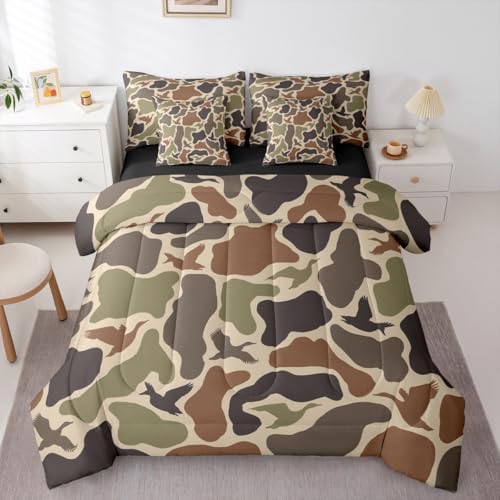 Erosebridal Duck Hunting 7 Pieces Bed Set Twin Size Army Camo Comforter Set Kids Boys Green Camouflage Military Bed in A Bag with Comforter Wild Woodland Sheet Set Farmhouse Room Decor