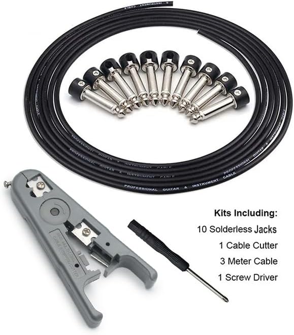 SAPHUE Guitar Bass Patch Multi Effects Guitar Pedal, Solderless Pedalboard Cable Kit,10ft Cable 10 Tip Connectors Solderless 6.35 Mono Plugs for Effect Pedal Make 5 DIY Custom Patch Cables