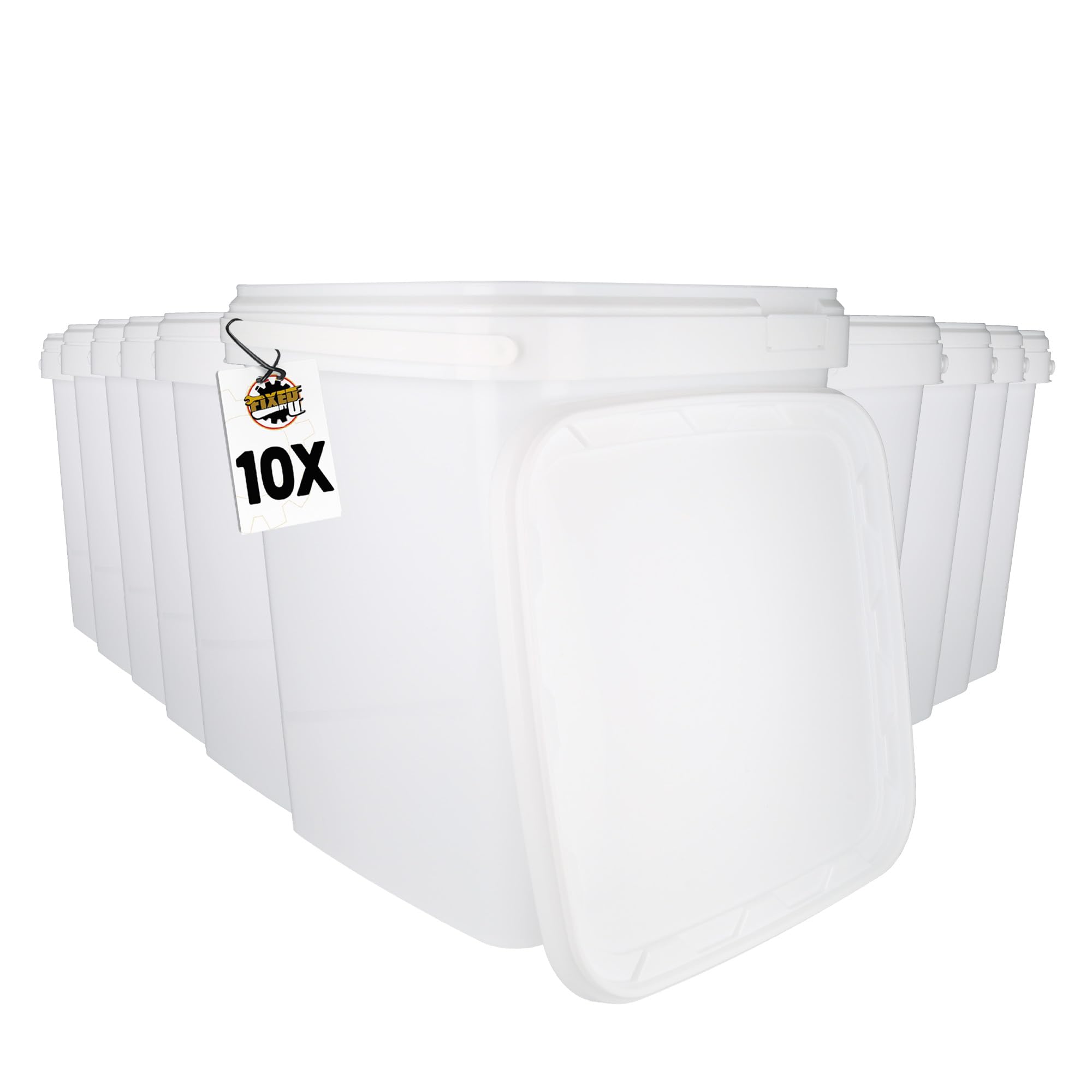 10 buckets with lid, 10 litres, white, square, plastic, food-safe, airtight and stable, with handle for food, chemical adhesives