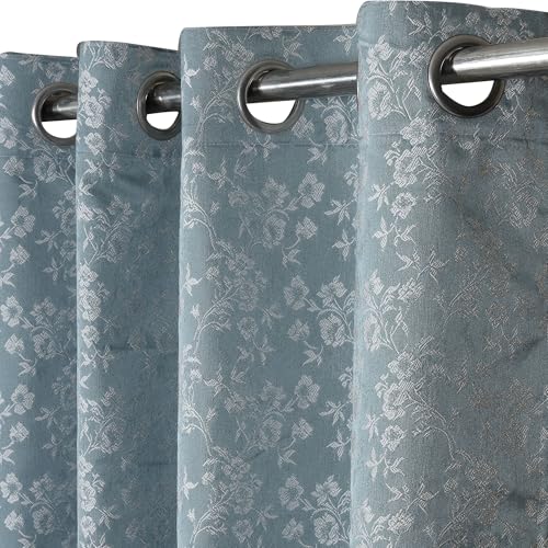 Image of STITCHNEST Floral Jacquard Door Curtain - Blue, 7 Feet, Grommet Top - Pack of 1 Elegant Curtain Panel for Living Room & Bedroom