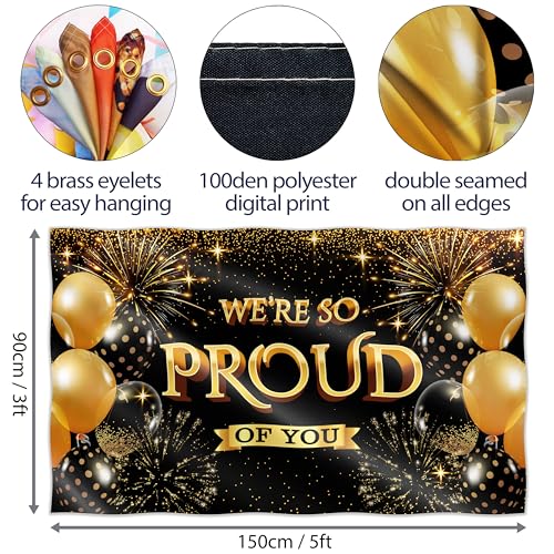 We are so Proud of You Banner - Congratulations Banner - Congrats Graduation Decorations for Prom - 5ft x 3ft (Black & Gold) by BRAVITA - Used condition - Image 2