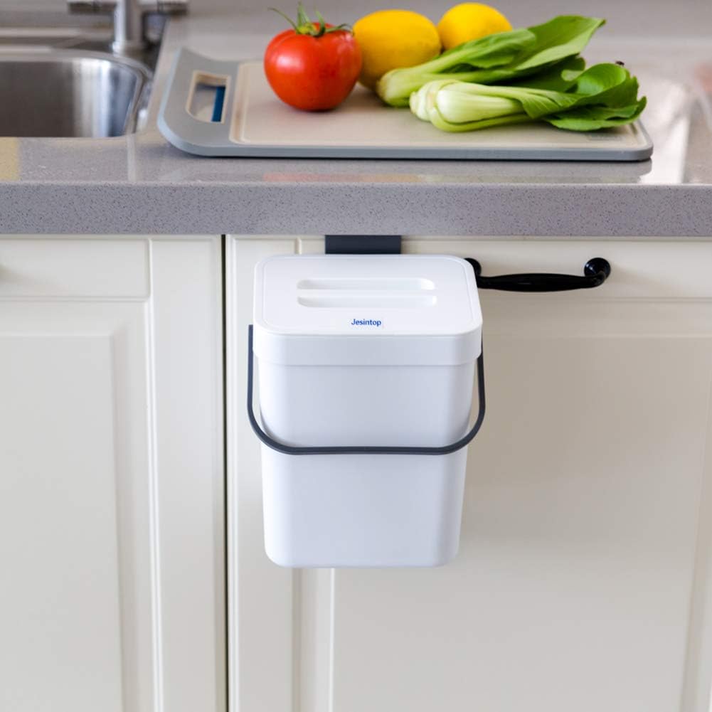 Jesintop Small Compost Bin with Lid White Plastic Waste Basket 5 L/ 1.3 Gallons Mountable