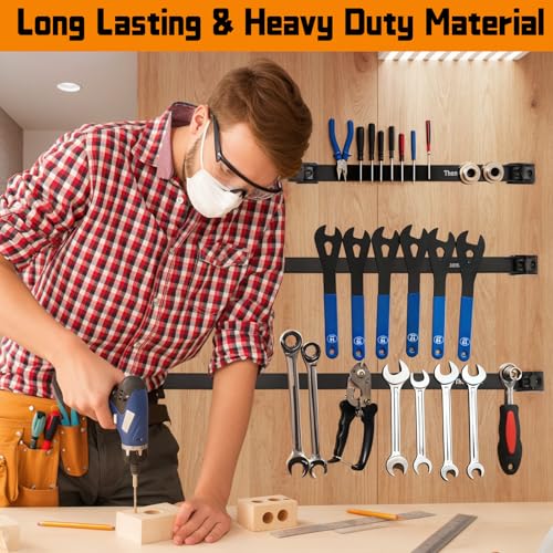 18-Magnetic-Tool-Holder-Strip-4-Pieces-Black-Metal-Tool-Organizer-Rack-with-Stainless-Steel-Surface-Magnet-Bar-for-Garage-Workshop-Easy-To-Install-with-Mounting-Screws