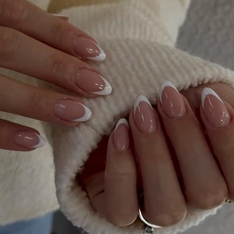 MouyouGlow Press on Nails Kurz Almond Nude Weiß 3D Striped French Design Mandel Short Fake Nails Natural White Tips Twill Sweet INS Künstliche Fingernägel für Frauen