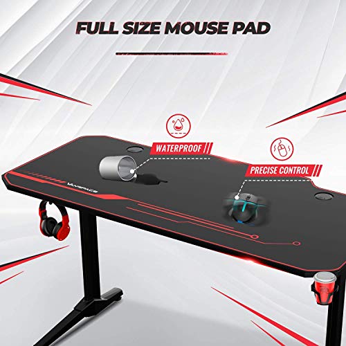 VANSPACE 55 Inch Gaming Desk with Free Mouse Pad, Ergonomic T-Shaped Office Desk PC Computer Desk, Gamer Tables Pro Workstation with USB Gaming Handle Rack, Stand Cup Holder