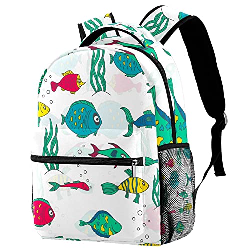 Sac à dos décontracté pour femme avec motif poissons multicolores et grand volume