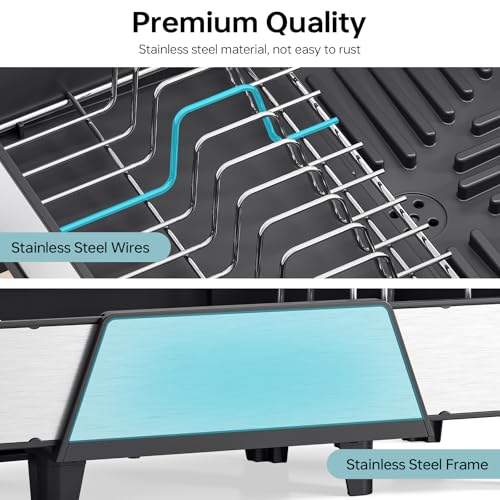 Image of Urackify Large Dish Drying Rack - Triple Expandable Dish Rack for Kitchen Counter, Stainless Steel Sink Organization and Storage Essentials with Utensil & Pans Holder for Home and Appartment, Black