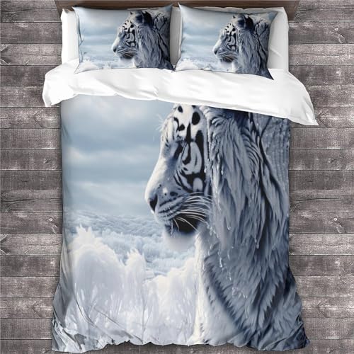 Parure tigre blanc housse de couette 200x200 en microfibre premium