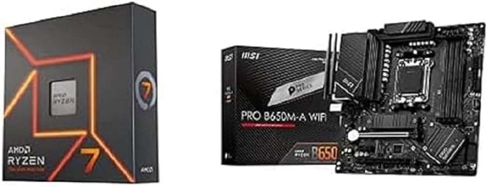 AMD Ryzen 7 7700X Processeur, 8 Cœurs/16 Threads Débridés, Architecture Zen 4, 40MB L3 Cache, 105W TDP + MSI Pro B650M-A WiFi Carte Mère, Micro-ATX - pour Processeurs AMD Ryzen 7000