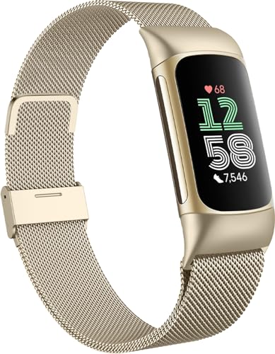 Faliogo Métal Bracelet Compatible avec Fitbit Charge 6 pour Femme Hommes, Remplacement Réglable en Acier Inoxydable avec Boucle Magnétique, Or Vintage