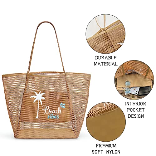 ukia Mesh Beach Tote, Large Capacity Beach Bags for Women Foldable Beach Tote Bag with Zipper Pocket2