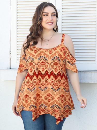 Image of LARACE Cold Shoulder Tops for Womens Summer Clothes Spaghetti Strape Tunic Oversized Shirts Asymmetrical Plus Size Blouse