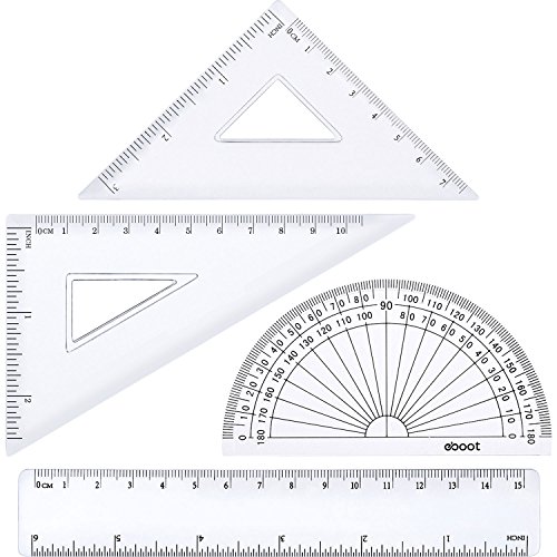 eBoot 4 Pieces Math Geometry Tool Plastic Clear Ruler Sets, Protractor, Triangle