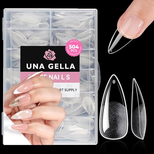 UNA GELLA Medium Stiletto Nails Tips,504Pcs Press-on Nails Stiletto Clear Gel Nail Tips, Full Cover Pre-Etched Fake Acrylic Nails, Sturdy for Nail Extensions Home Art Salon 12 Sizes