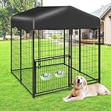 1R2P3I Dog Kennel Outdoor 4x4.2x4.5ft, Outside Dog Kennel with Roof, Large Dog Kennels with Rotating Door & 2 Adjustable Bowls, Pet Enclosures Crate Cage for Small/Medium Dogs