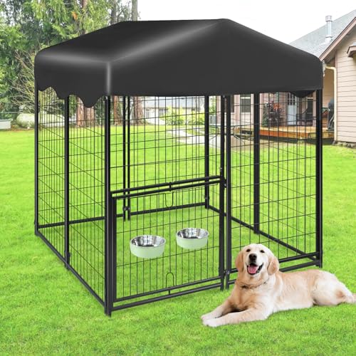 1R2P3I Dog Kennel Outdoor 4x4.2x4.5ft, Outside Dog Kennel with Roof, Large Dog Kennels with Rotating Door & 2 Adjustable Bowls, Pet Enclosures Crate Cage for Small/Medium Dogs