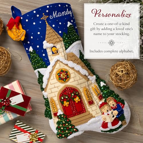 Image of Bucilla Felt Applique 18 inch Stocking Making Kit, Yuletide Chapel, Perfect for DIY Arts and Crafts