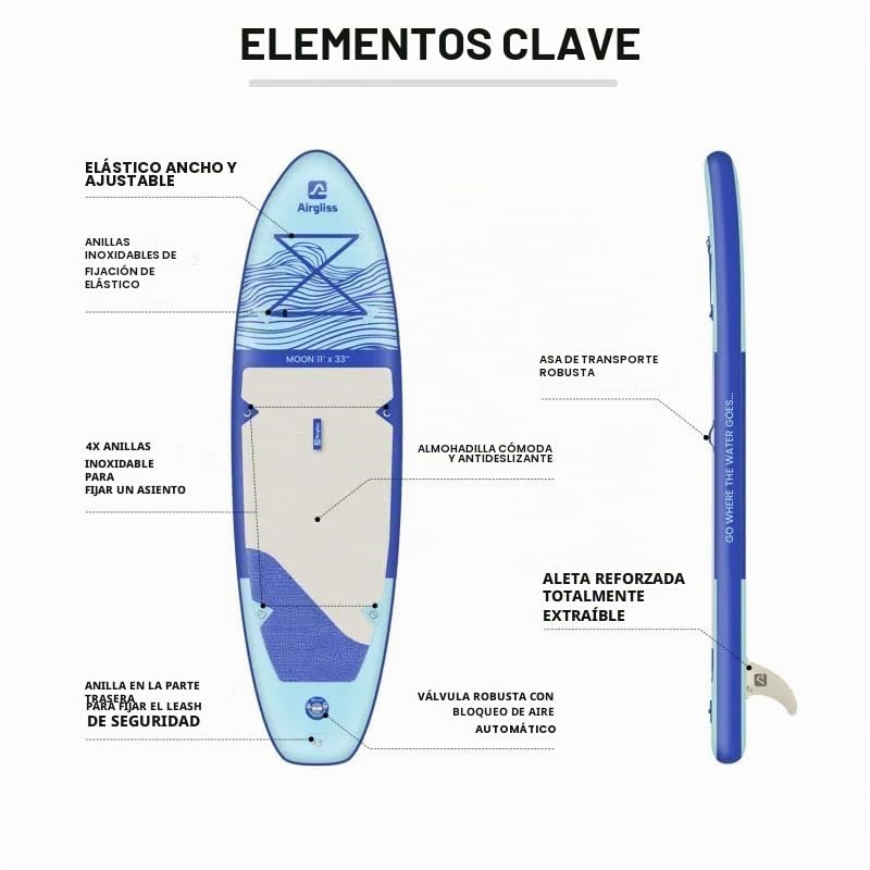 Pala hinchable Airgliss Moon 11.0 hasta 2 personas (máx. 170 kg) | Adulto y niño | Estable y de calidad | Completo con todos los accesorios: PAGAA, INFLADOR, bolsa, ALERON, Leash