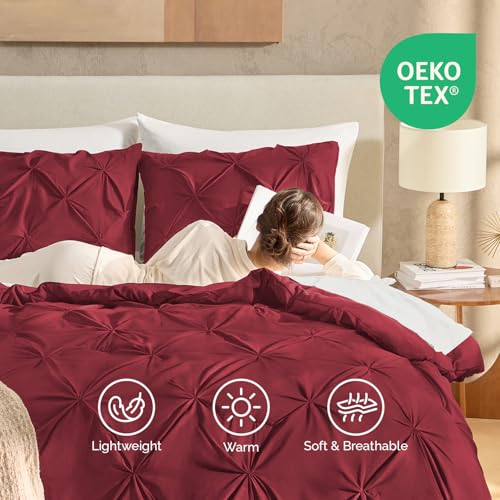 Image of Andency Full Pinch Pleat Comforter Set (79 inchx90 inch),3 Piece Lightweight Pintuck Bedding Comforters & Sets, Fluffy Down Alternative Comforter with 2 Pillow Shams for All Season,Burgundy