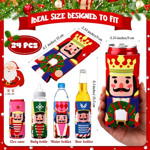 Potchen 24 Pcs Christmas Can Coolers Sleeves 12 oz Nutcracker Can Cooler Sleeves Neoprene Slim Beer Long Nutcracker Bottle Insulator for Xmas Party Favors Gifts Decoration Supplies - Thumbnail 3