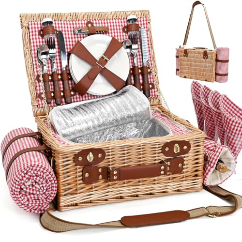 Picnic Basket with Blanket and Wine Pouch for 4, Wicker Picnic Set with Insulated Liner Cooler Bag Hamper for Camping,Wedding - Red Gingham