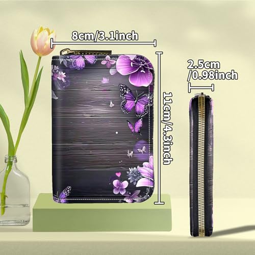 Purple And Pink Flowers Wooden Credit Card Holder for Women with Zipper Small Credit Card Wallet PU Leather RFID Blocking Wallet Card Organizer Wallets Accordion Wallets Gift for Women or Men2