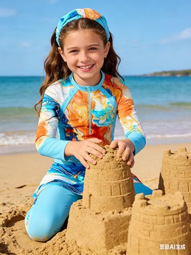 Image of Girls Long Sleeve Rashguard Half Zip Swimsuits UPF 50+ Two Piece Swim Sets with Hairband 5-12Y | Two Piece Swim Sets with Hairband