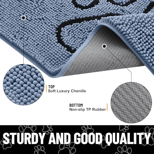 Image of Smiry Dog Door Mat for Muddy Paws, Absorbent Dirt Trapper Non Slip Quick Dry Washable Chenille Mat for Mud Dogs, Entry Rug for Indoor and Outdoor (48x30 Inches, Airy Blue and Black)